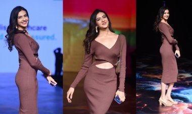Actress Kashika Kapoor Stuns at Bombay Times Fashion Week with Brown Plunging Neckline Dress