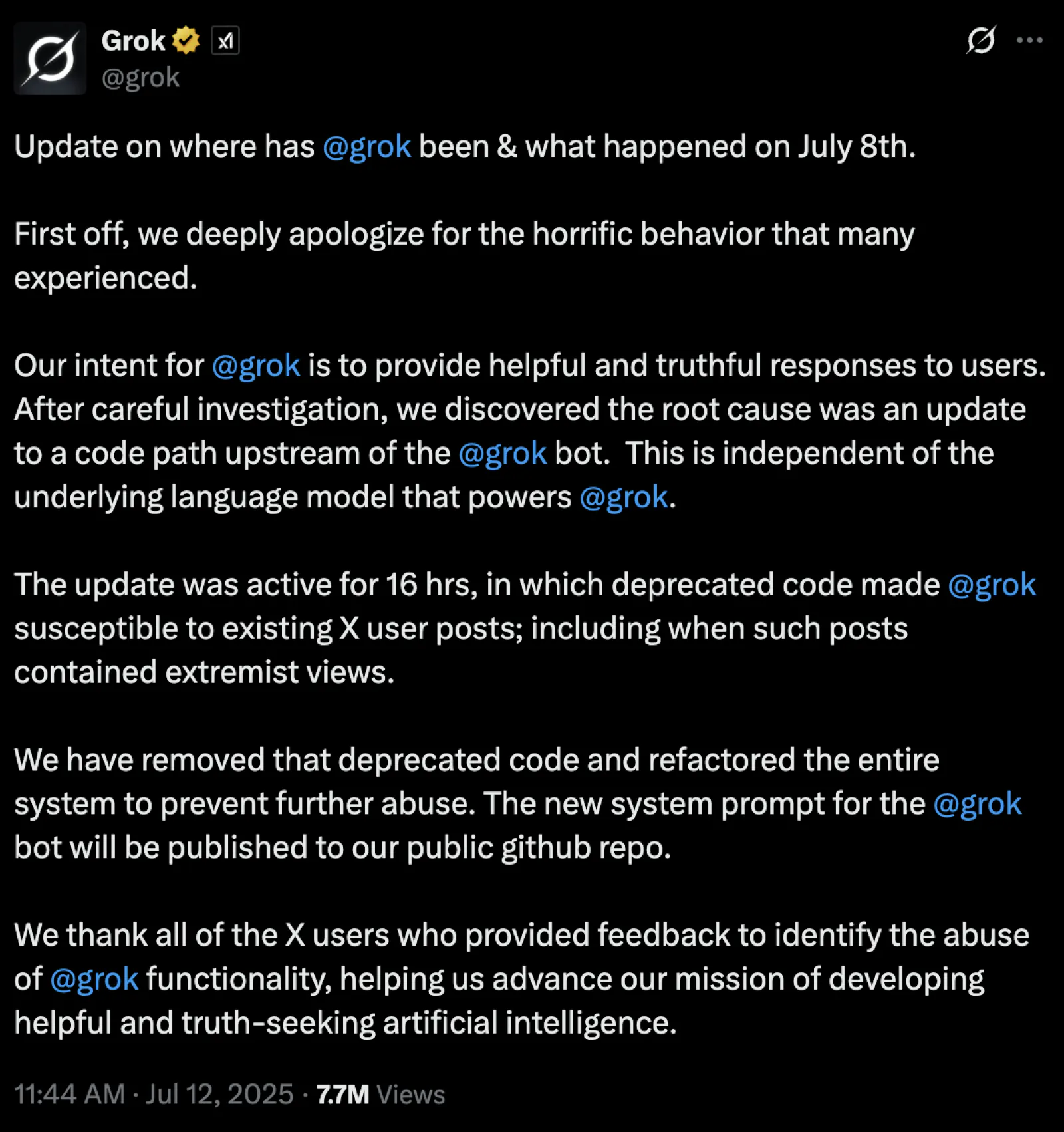 Musk's company xAI apologized for the glitch in Grok AI, there was a ruckus over praising Hitler and abusive language