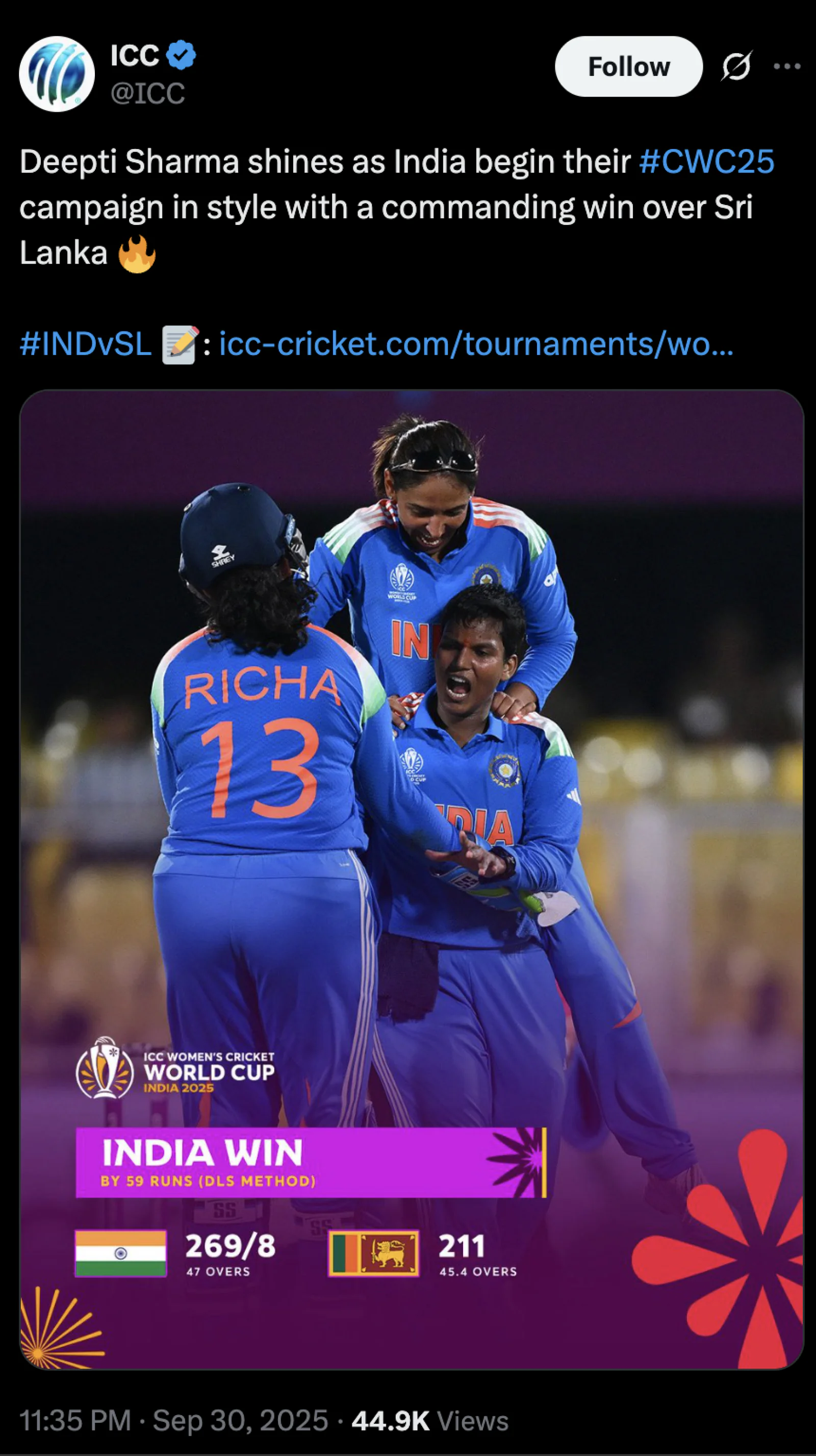 Team India starts Women's World Cup 2025 with a win, defeating Sri Lanka by 59 runs